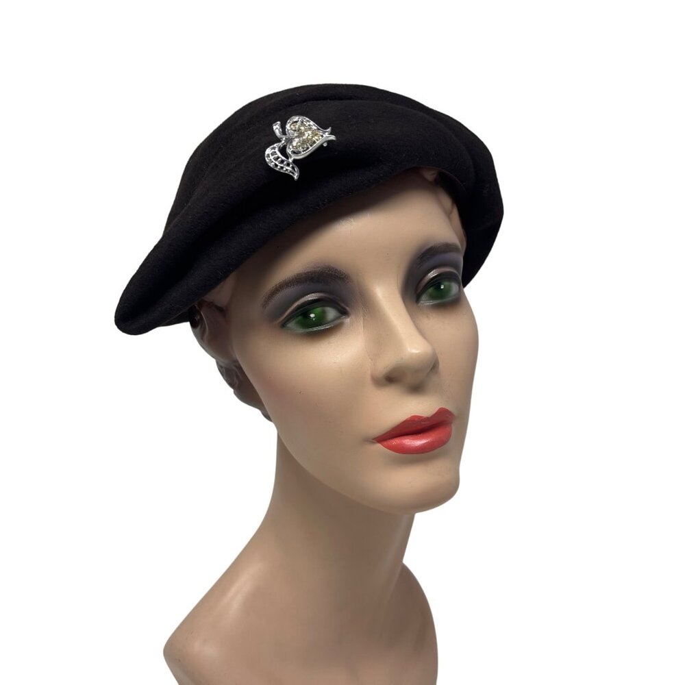 Vintage 1950s Brown Hat Womens Brown Wool Pointed Cap With Silver Brooch - Picture 2 of 12